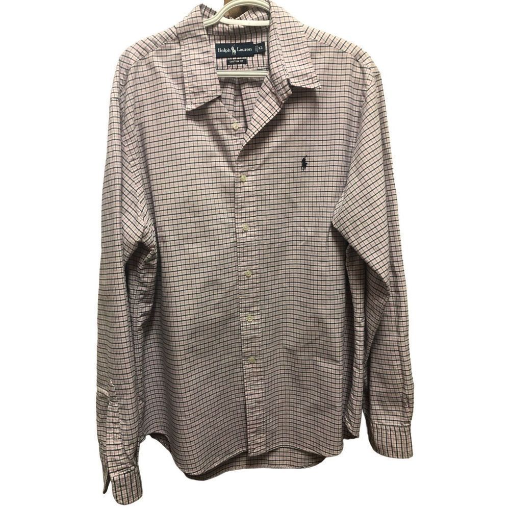 Ralph Lauren Mens Pink and White Gingham Long Sleeve Collared Button Up Polo Shi